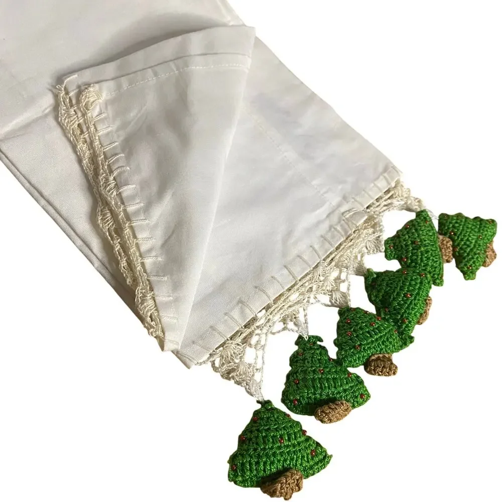 Handmade Cotton Kitchen Towel w/ Embroidered Christmas Trees & Crocheted Fringe